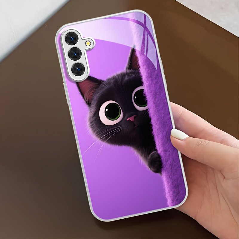TEMU Phone Case: Cute Black Cat Purple Silvery Frame Glass Phone Case Compatible With Galaxy A04 A04s A06 A13 A14 A15 A16 A22 A23 A24 A25 A32 A33 A34