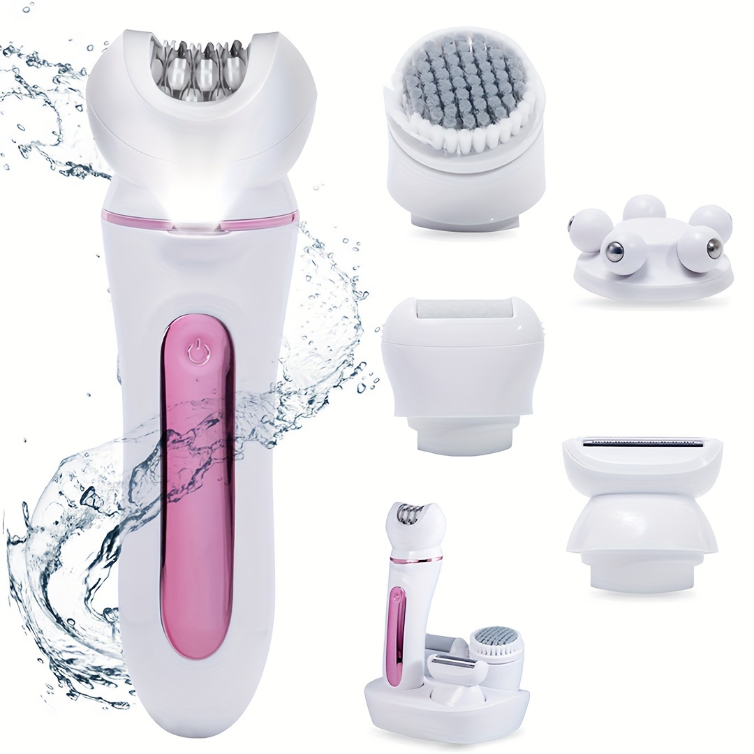 

5 In 1 Hair Removal Epilator, Shaver, Face Razor, Facial Brush, Face Massage And Body Exfoliator, Ipx7 Waterproof Rechargeable Hair Removal For Women