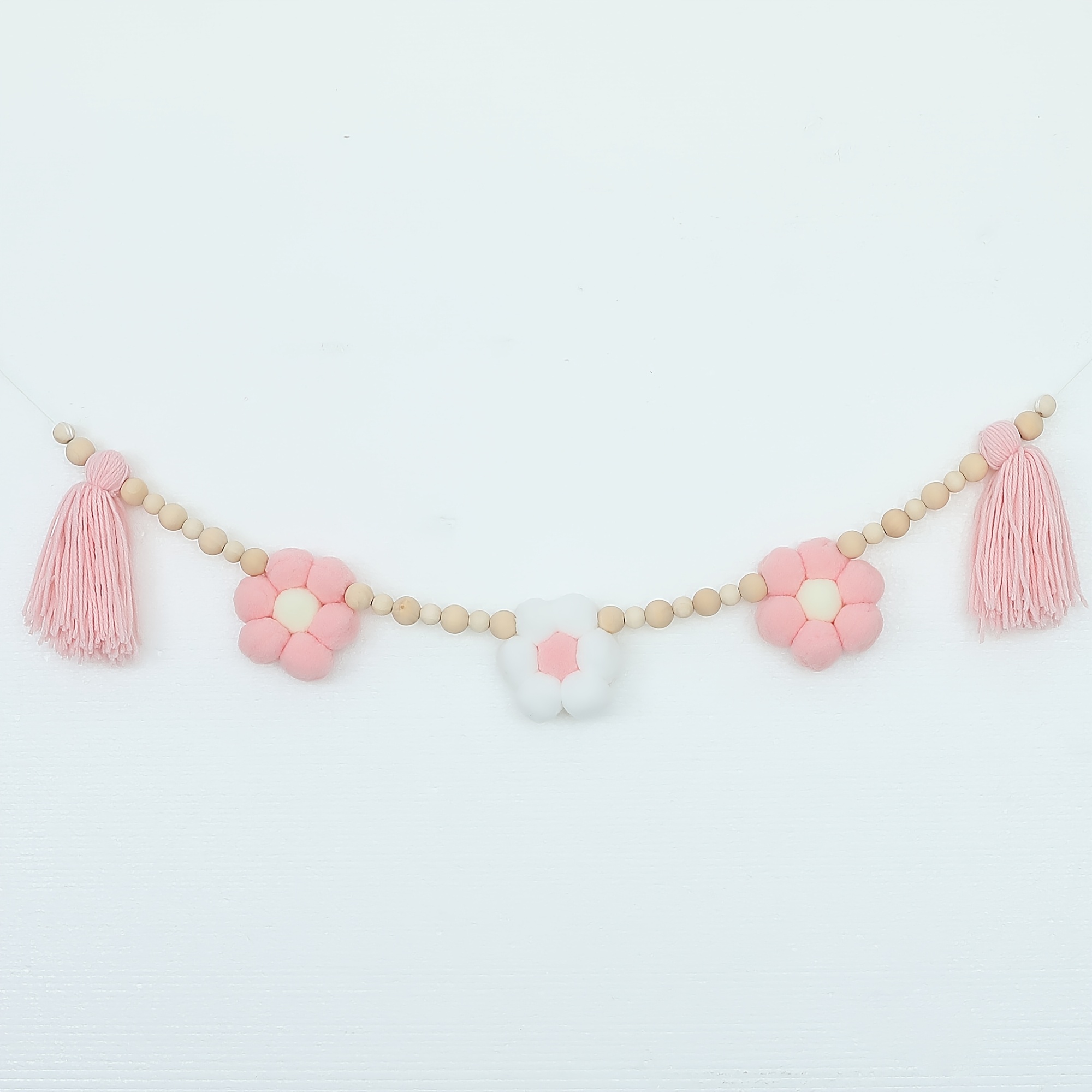 Handcrafted Daisy Tassel Garland - Pink, White & Khaki Fabric Flower Decor With Wooden Beads For Birthday & Bedroom, Acrylic .0%