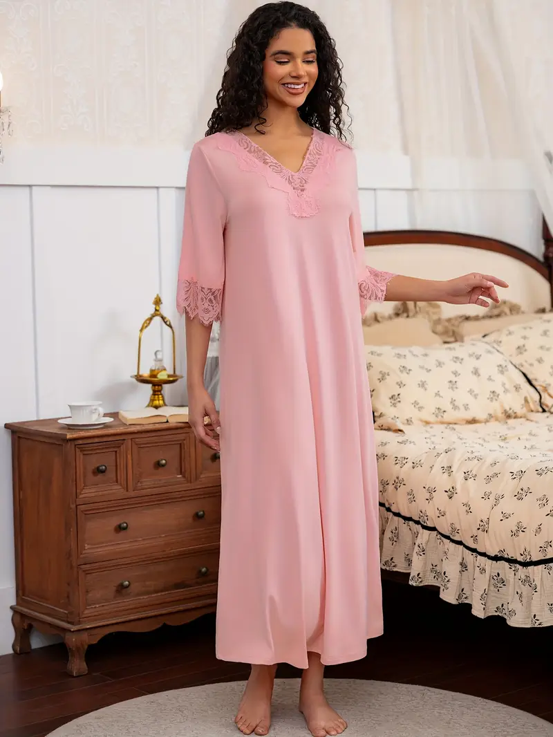 pink lace night dress SHEIN Plus Size Soft Contrast V-Neck Mid-Length Women's Nightgowns Nightdress Nighties Sleepwear Flare Sleeve Knitted,5XL lustrous finish that catches the light beautifully Daring cut Pink Satin Cut Out Lace