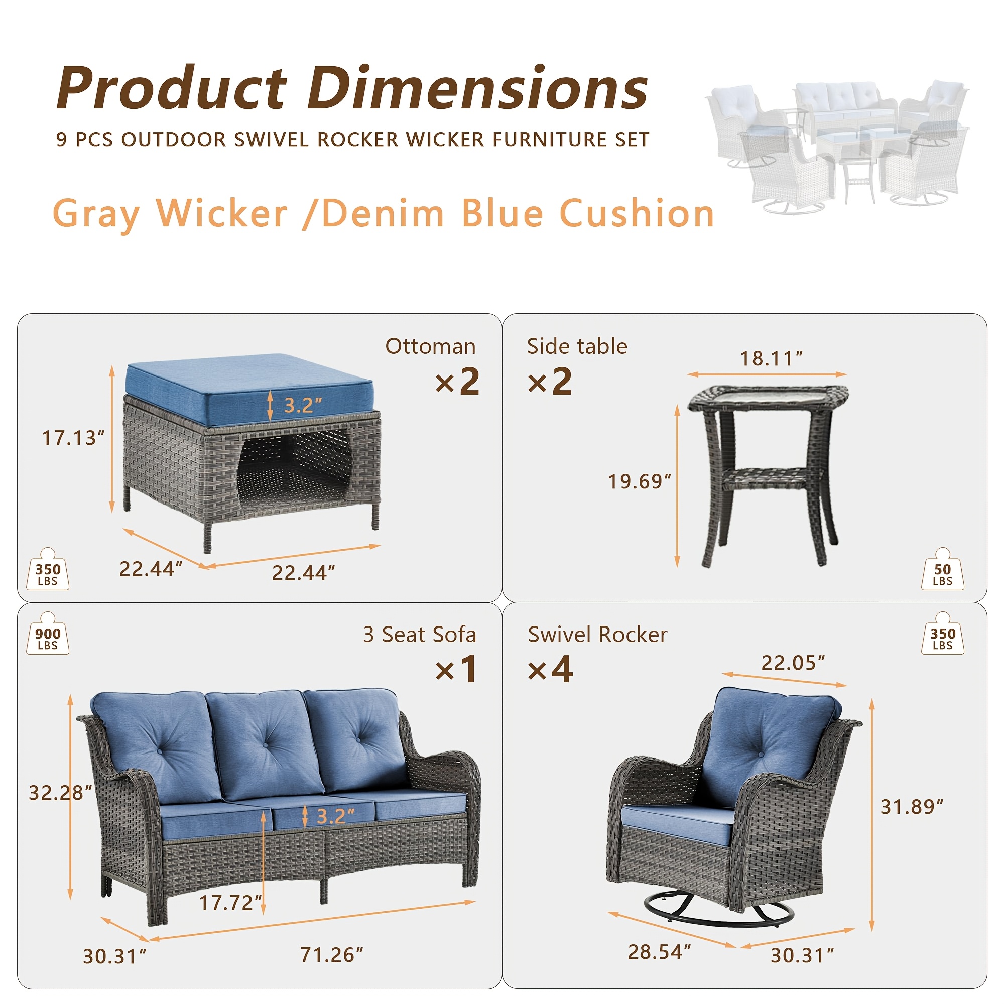 9pcs outdoor rattan furniture set made from all weather materials featuring 360 swivel rocking chairs a sofa ottomans and a tempered glass side table this high quality wicker is   Product details 1