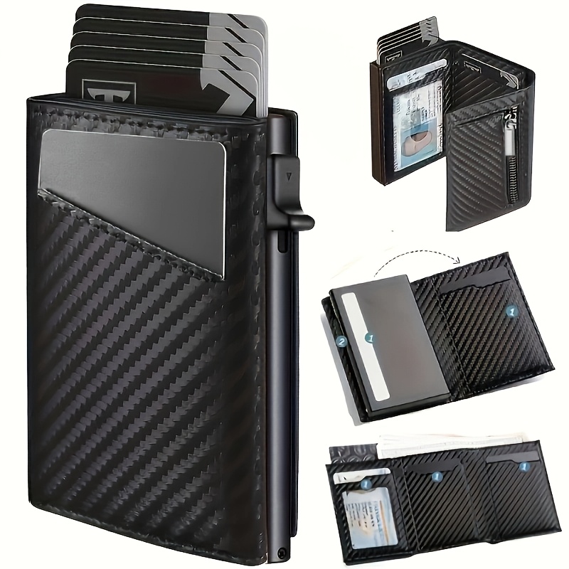 TEMU Men's -thin Smart Wallet - Premium Carbon Fiber, Holds 10-12 Cards, With Id Window, Credit Card Slots, And Pop-up Card Holder - Black , Perfect