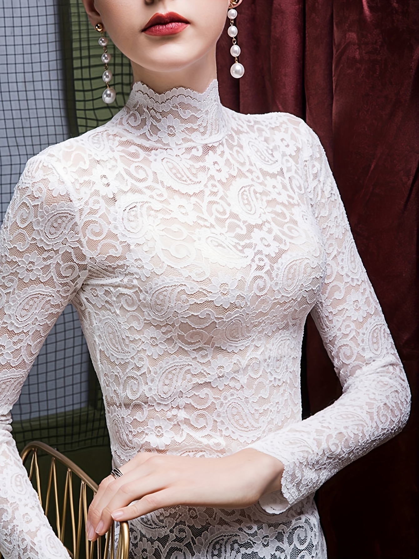 Solid Lace Mock Neck Top, Elegant Long Sleeve Top For Spring Fall,  Women's Clothing