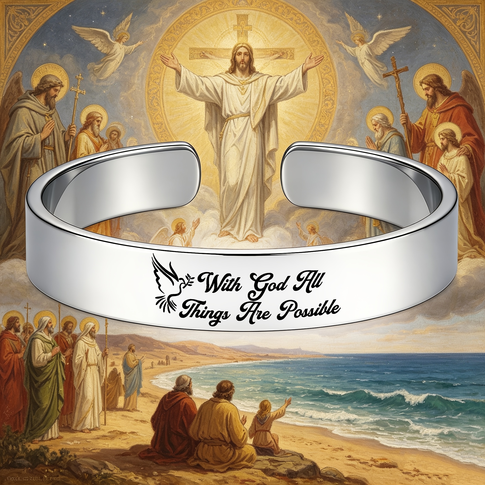 Women's 'With God All Things Are Possible' Stainless Steel Open Bangle