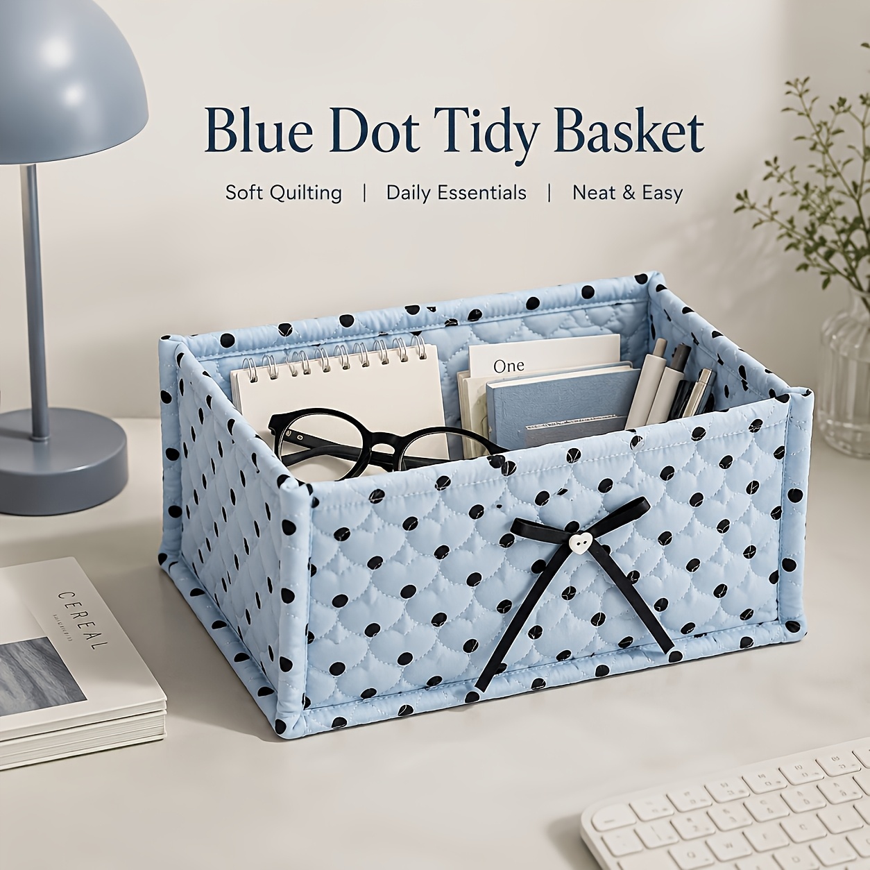 TEMU Panier de rangement en tissu matelassé à pois, panier organisateur rectangulaire et doux pour papier toilette, articles de toilette, comptoir de