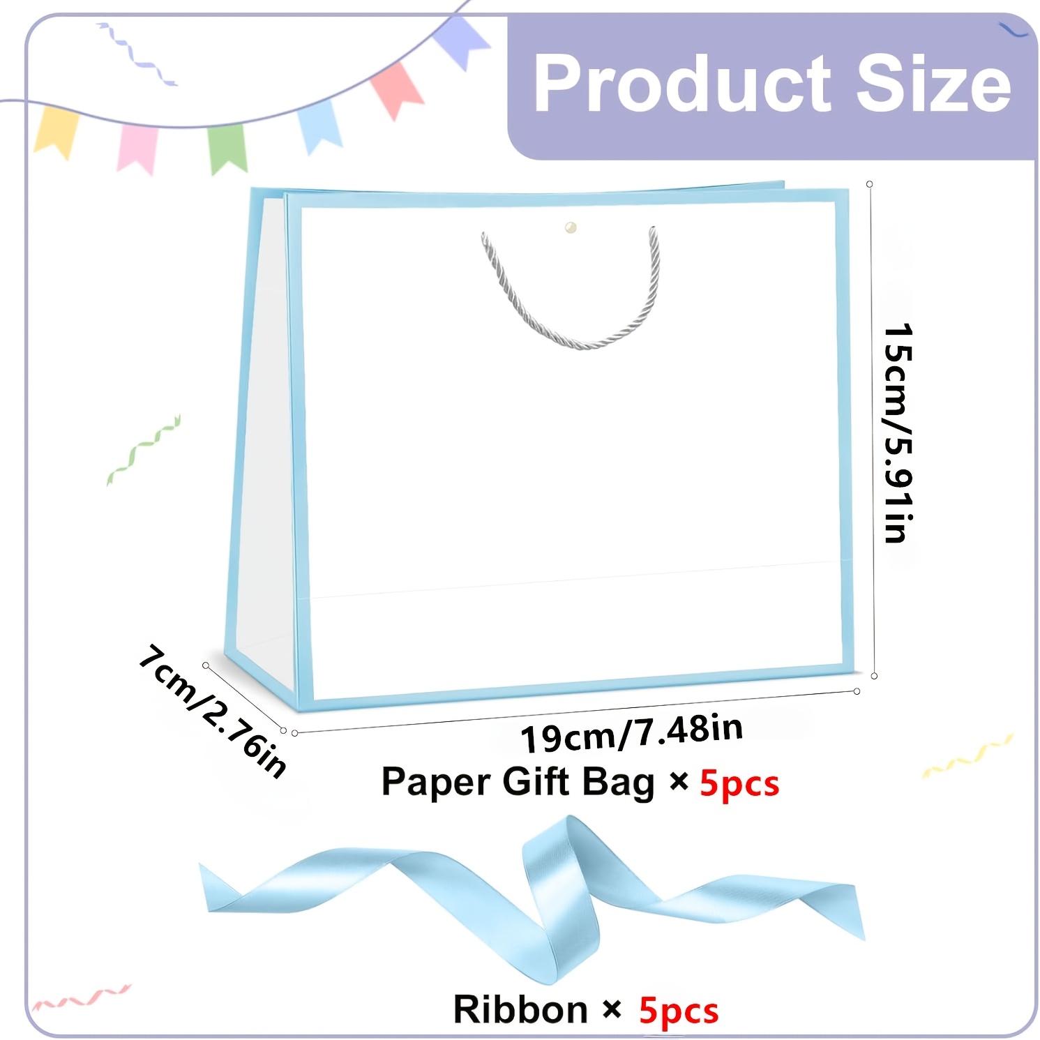E-shop 10 Stück (5 Stück blaue Schleifen + 5 Stück blaue Geschenktüten) Weiße Geschenktüten mit blauen Rändern Griffen, Papiertüten, Einkaufstüten,