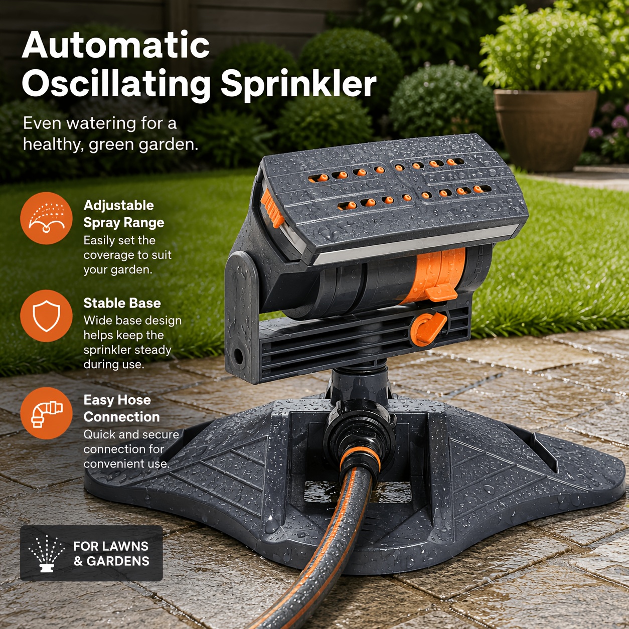 Image of Automatic Oscillating Lawn Sprinkler With Adjustable Spray Range, Multi-nozzle Design, And Hose Connection, For Lawn, Garden, Backyard, Flower Bed And Vegetable Patch
