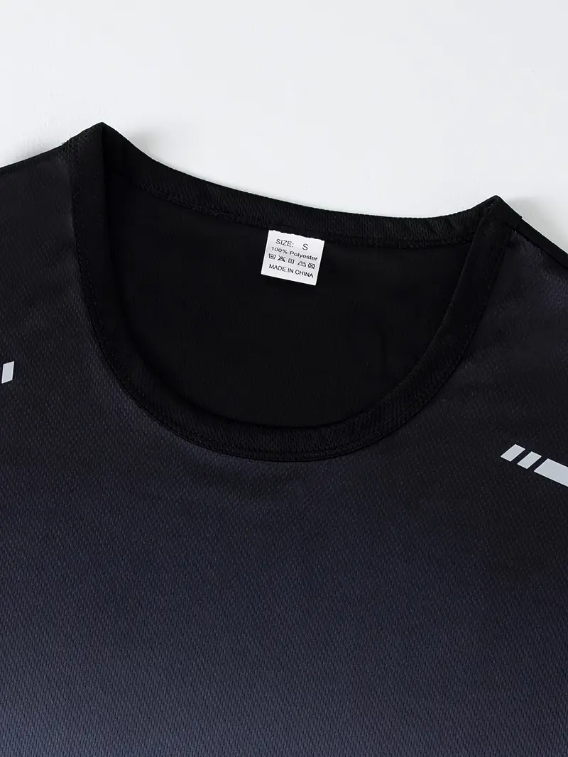 3pcs mens fitness set athletic shorts short sleeve shirt running jacket blue to black gradient stretchy polyester blend crew neck summer sportswear for running and training workout apparel gradient design knit construction gym clothe Product details 19