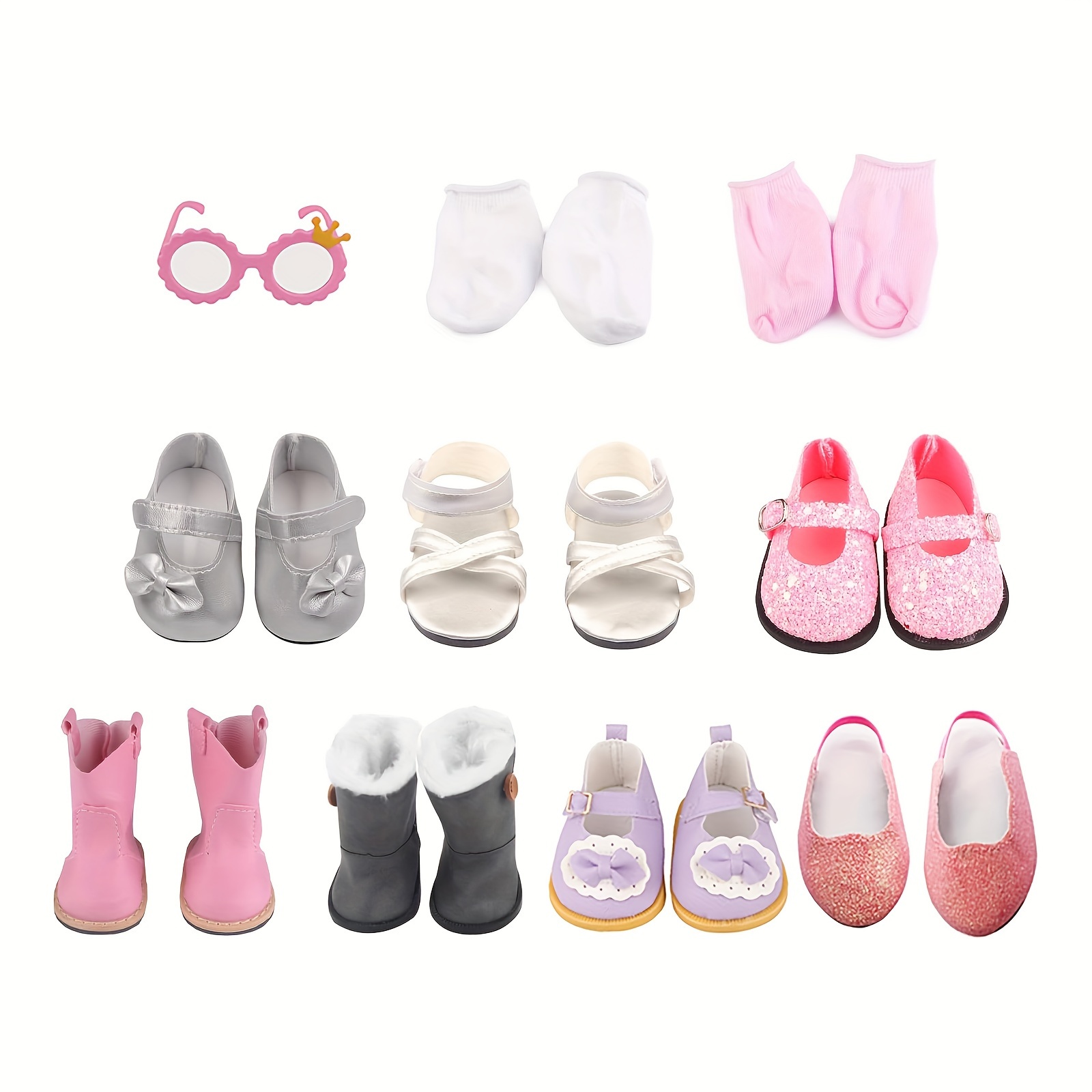 

Doll Shoes For 18 Inches Dolls, 19 Pcs 18 Inches Doll Accessories 7 Pairs Of Cute Shoes, Of Socks, Glasses, Doll Gray Snow Boots, Pink Boots, Sandals, Sequin Shoes, Bow Shoes