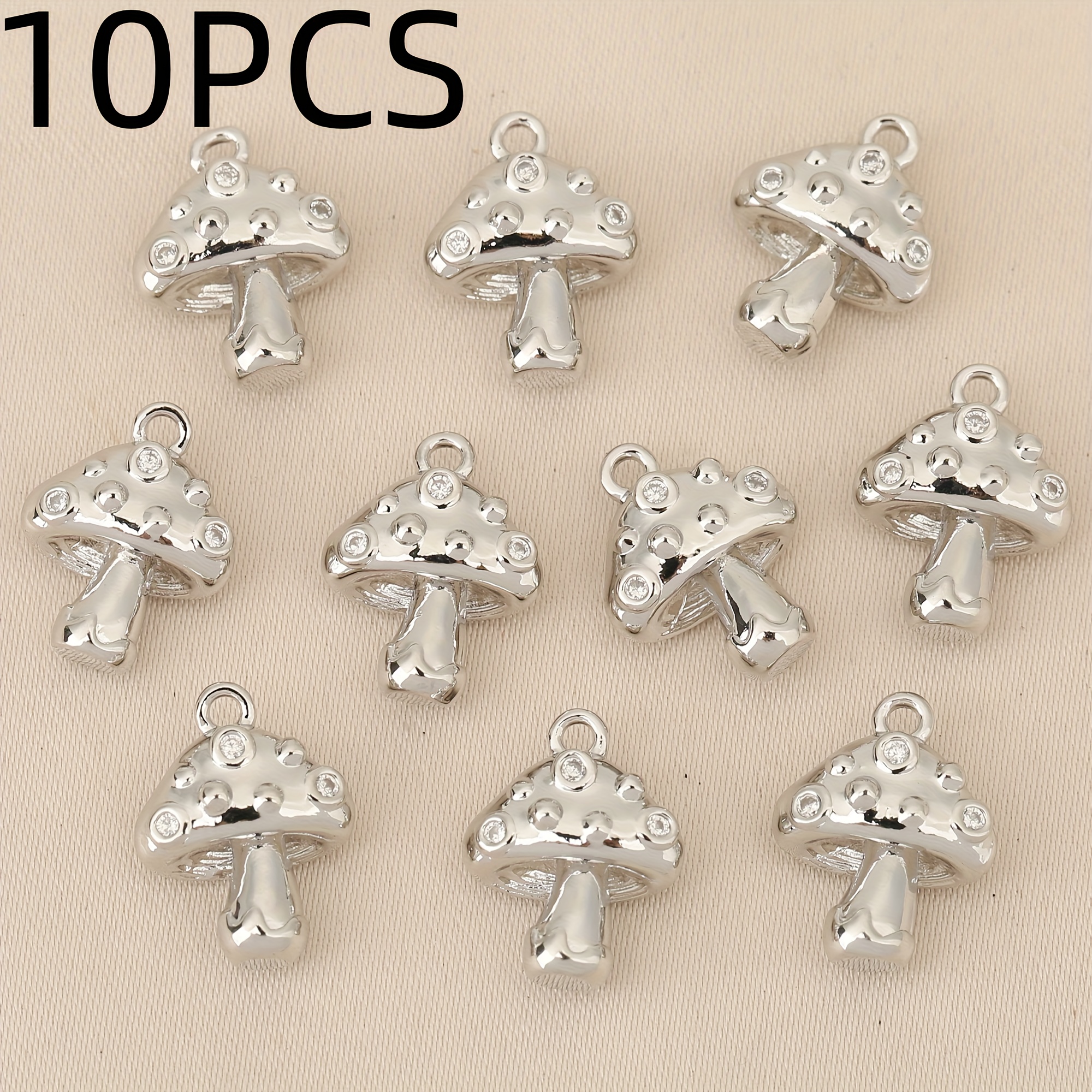 TEMU 10pcs, Western Fashion Style Copper Inlaid Zirconia - Exquisite Easy Mushroom Chain Pendant, Unisex Fashion Pendant, Suitable For Necklace, Ear