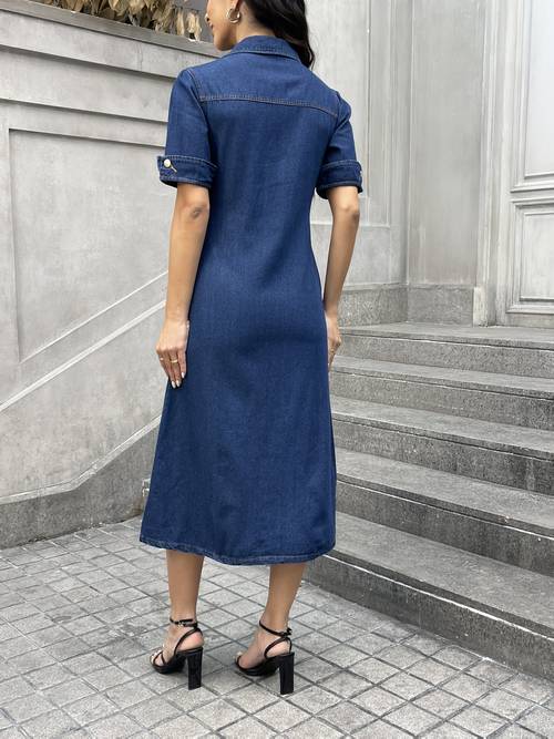 european and trend womens waist denim dress breasted v neck dress
