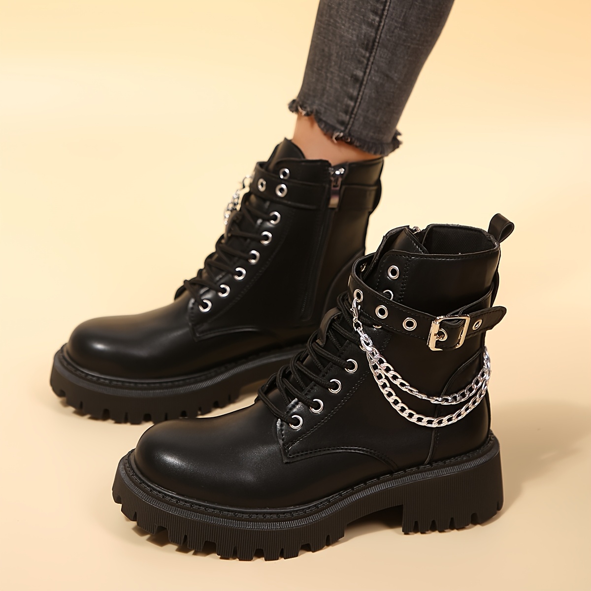 TEMU Women's Gothic Western Combat Boots With Chunky Platform Sole & Round Toe - Lace-up & Side Zipper Mid-calf Boots Suitable For Office, Party,