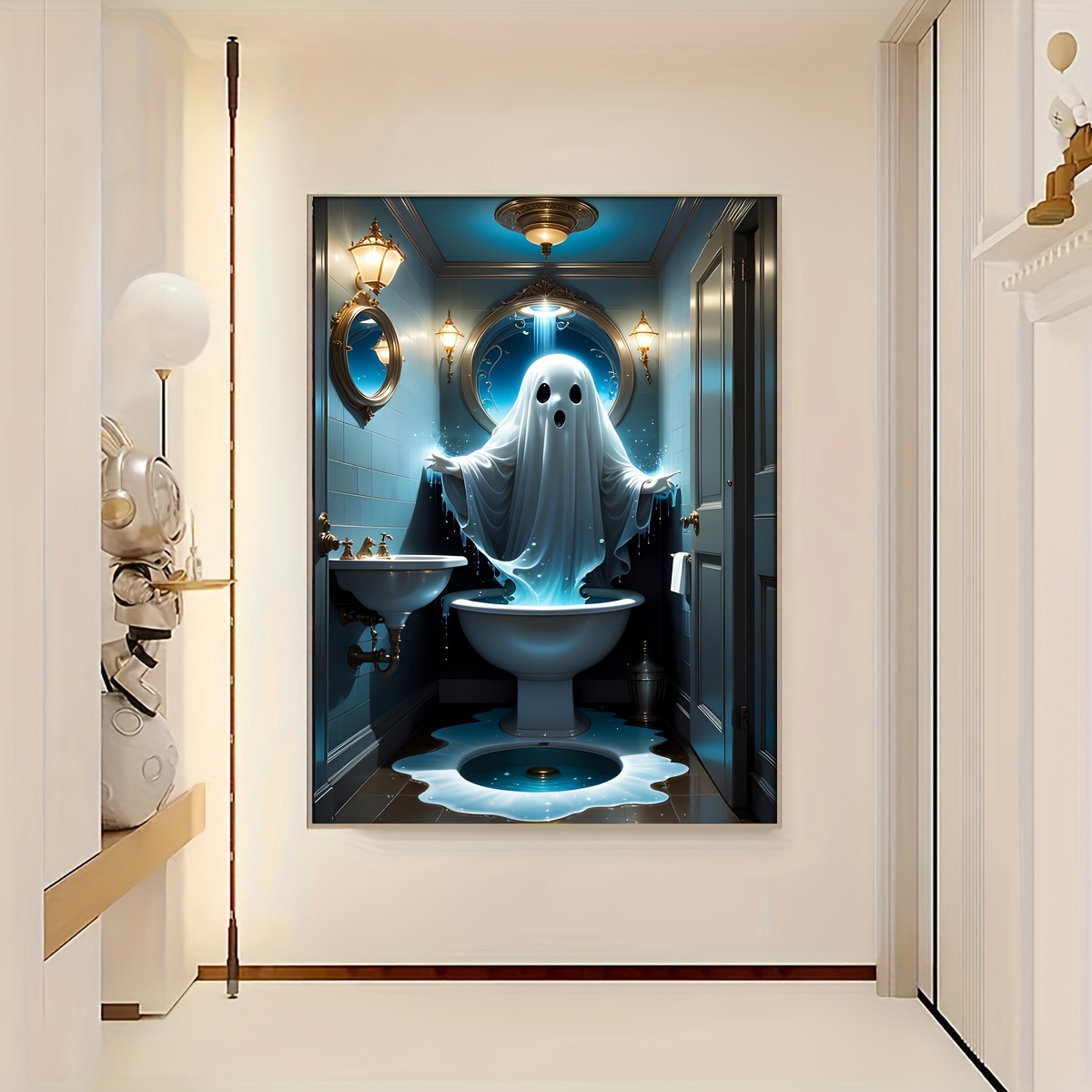 Spooky Ghost Bathroom Canvas Print Humorous Horror Temu