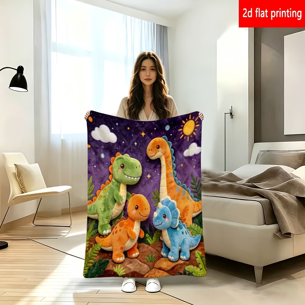 TEMU 2d Flat Printing, 1pc, Deep Purple Starry Sky Cute Dinosaur Printed Fleece Blanket, Soft And Warm, Single-sided Printing, Suitable For Camping,