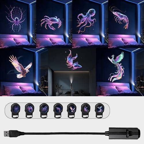 1-Lamp USB- Mini Projector Lamp with 7 Color Patterns ( / /Spider/Octopus/Goldfish/Shrimp/Crab) & 360° Adjustable Beam Suitable for Bedside, Gaming Room Decor, Car Atmosphere Light, Portable Projection for