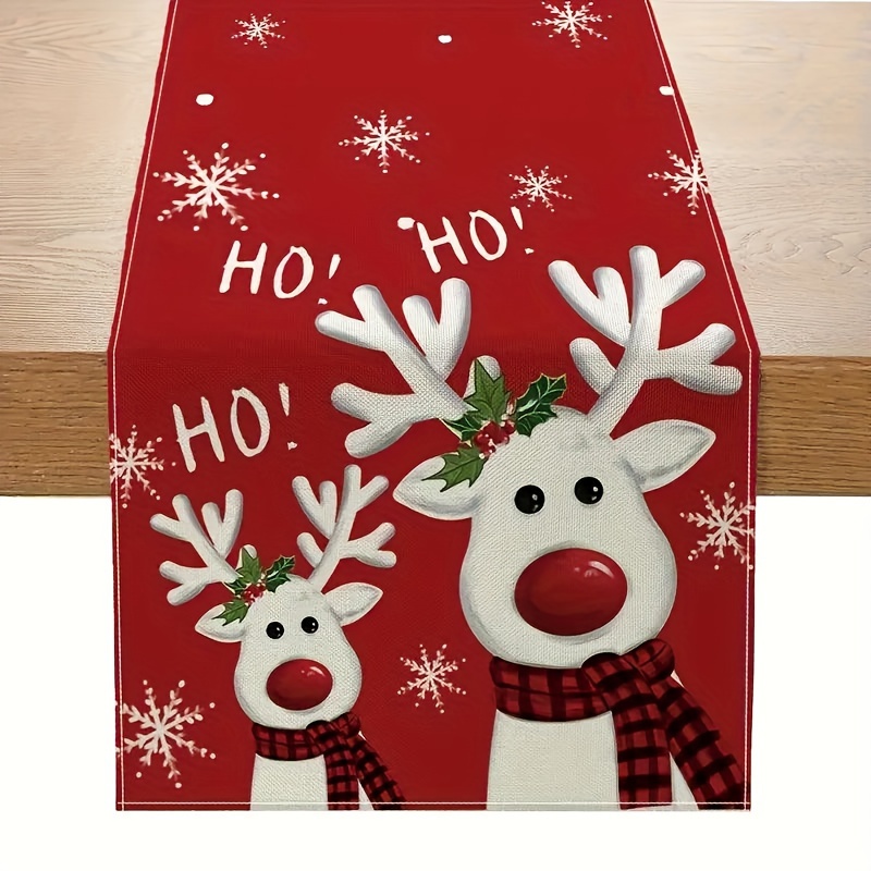 

Christmas Holiday Linen Table Runner - 100% Woven Linen, Square-shaped Reindeer & Snowflake Design, Festive Dining Decor For Winter Gatherings, Single-sided Print - 13x48/13x72/13x108 Inch (1pc)