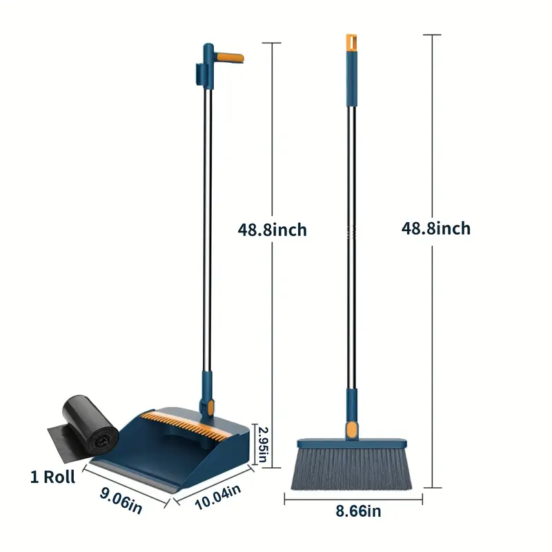 1-roll broom and dustpan combo set with garbage bags - heavy-duty plastic construction, long handle with ergonomic grip & upright stand for hard floors - heavy-duty sweeper and mop alternative for home, office, kitchen, dorm, rv, apartment - space-saving cleaning system with durable plastic broom and dustpan, ideal for hardwood, tile, floors - ideal for home, office, dorm, bathroom cleaning, broom for floor cleaning, retractable broom, broom with dustpan, mini broom, Product details 0
