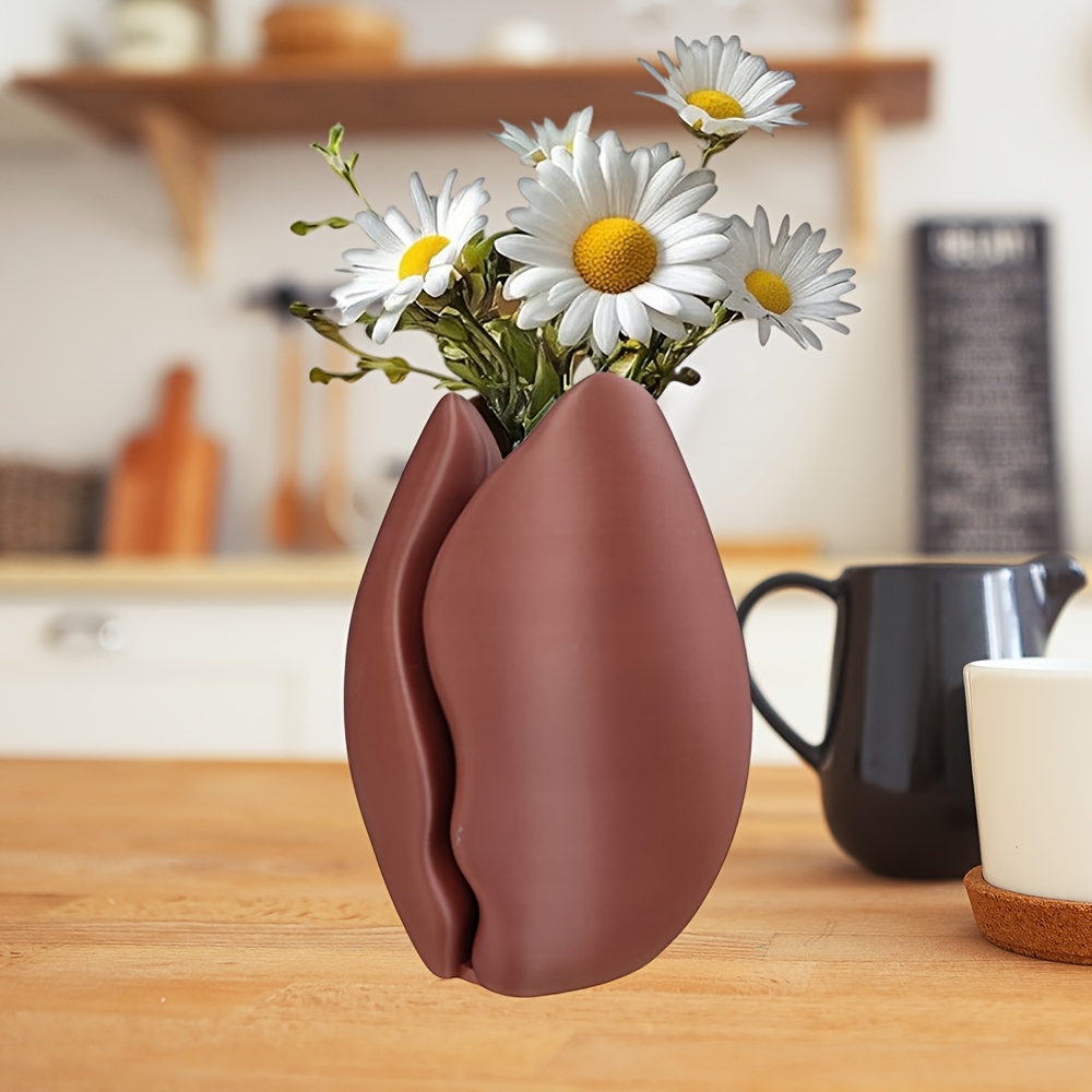 Coffee Bean Vase, A 3d Printed Plastic Brown Vase With A Coffee Bean Decoration, Suitable For Modern Home And Office Decor