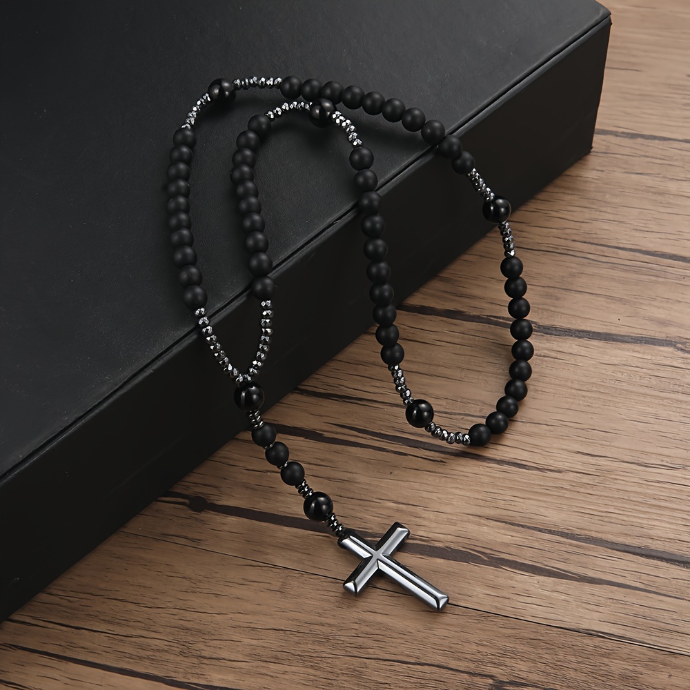 8mm Matte Black Round Bead Black Cross Pendant Necklace Men's Jewelry