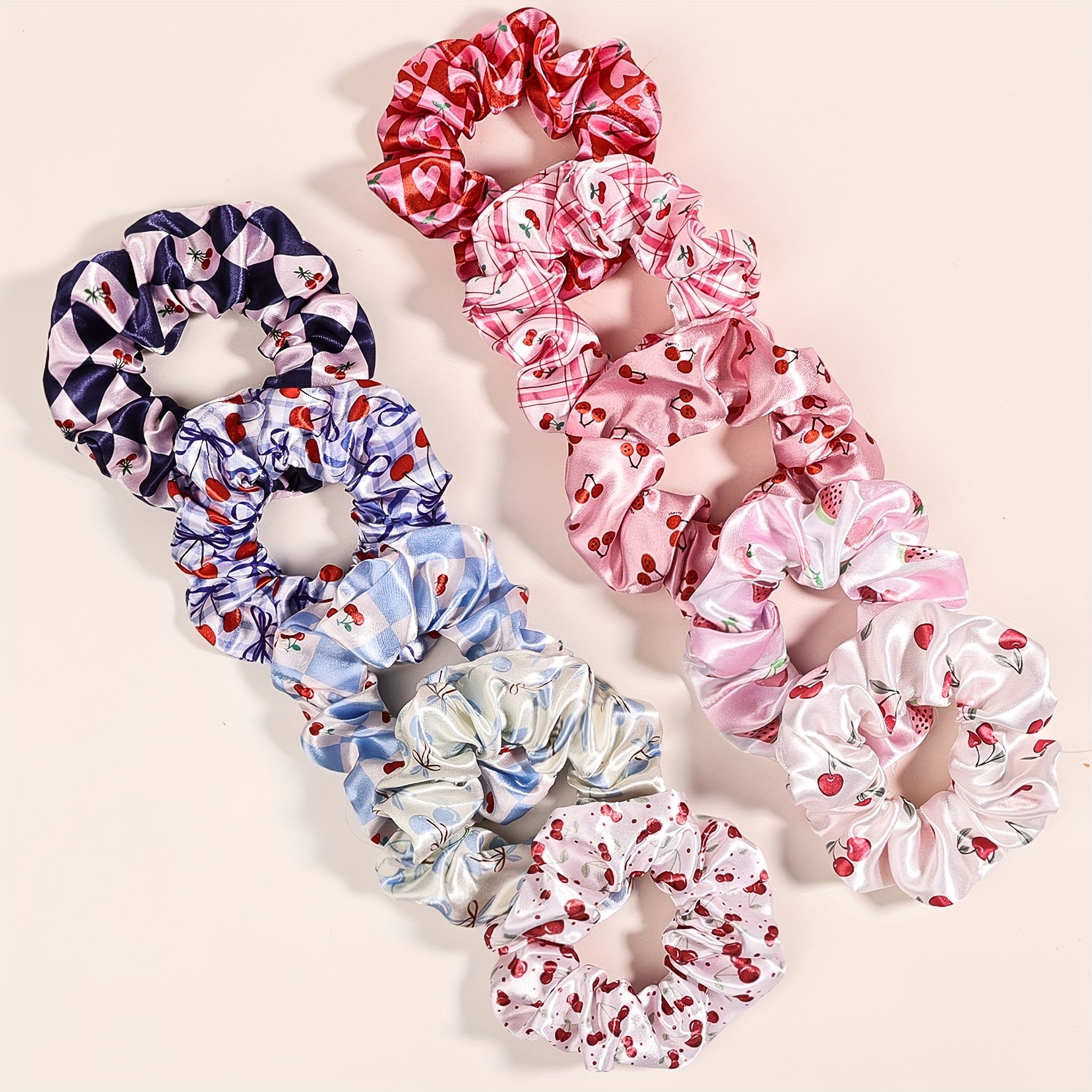 TEMU 10pcs Satin Cherry Print Hair Ties, Elastic And Hair, Suitable For And Women