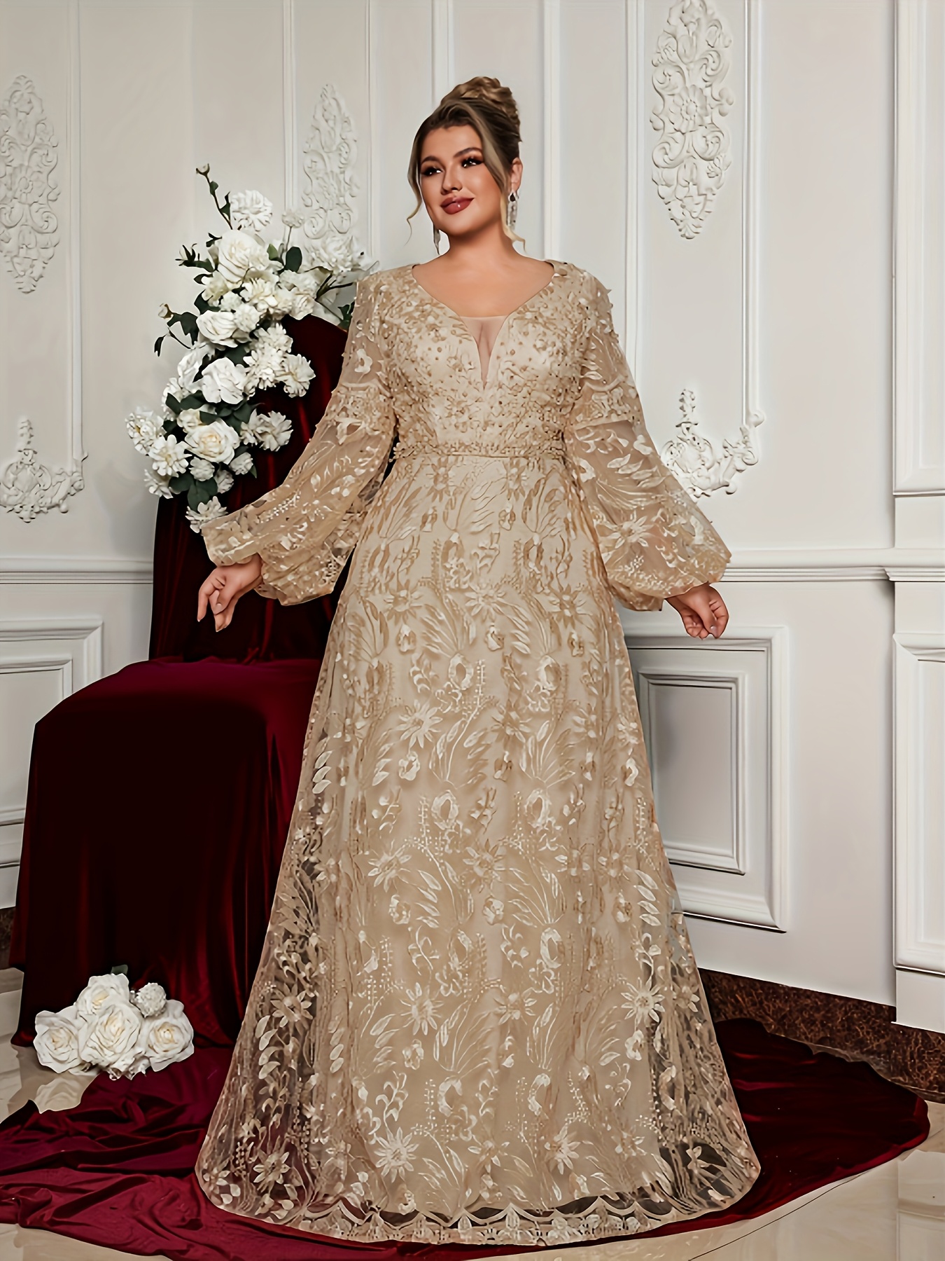Plus Size, Plus Size Heavy-Embellished Wedding Gown with Floral Pearl  Beadwork V-Neck High Train, Sheer Lace-like Bell Sleeves, B