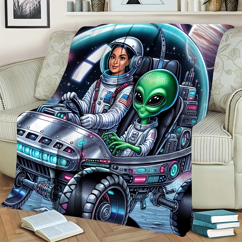

1pc Funny Alien Astronaut Blanket Gift For Friends Blanket Soft Flannel Sofa Blanket For Couch Office Bed Camping Travel, Multi-purpose Gift Blanket For All Season