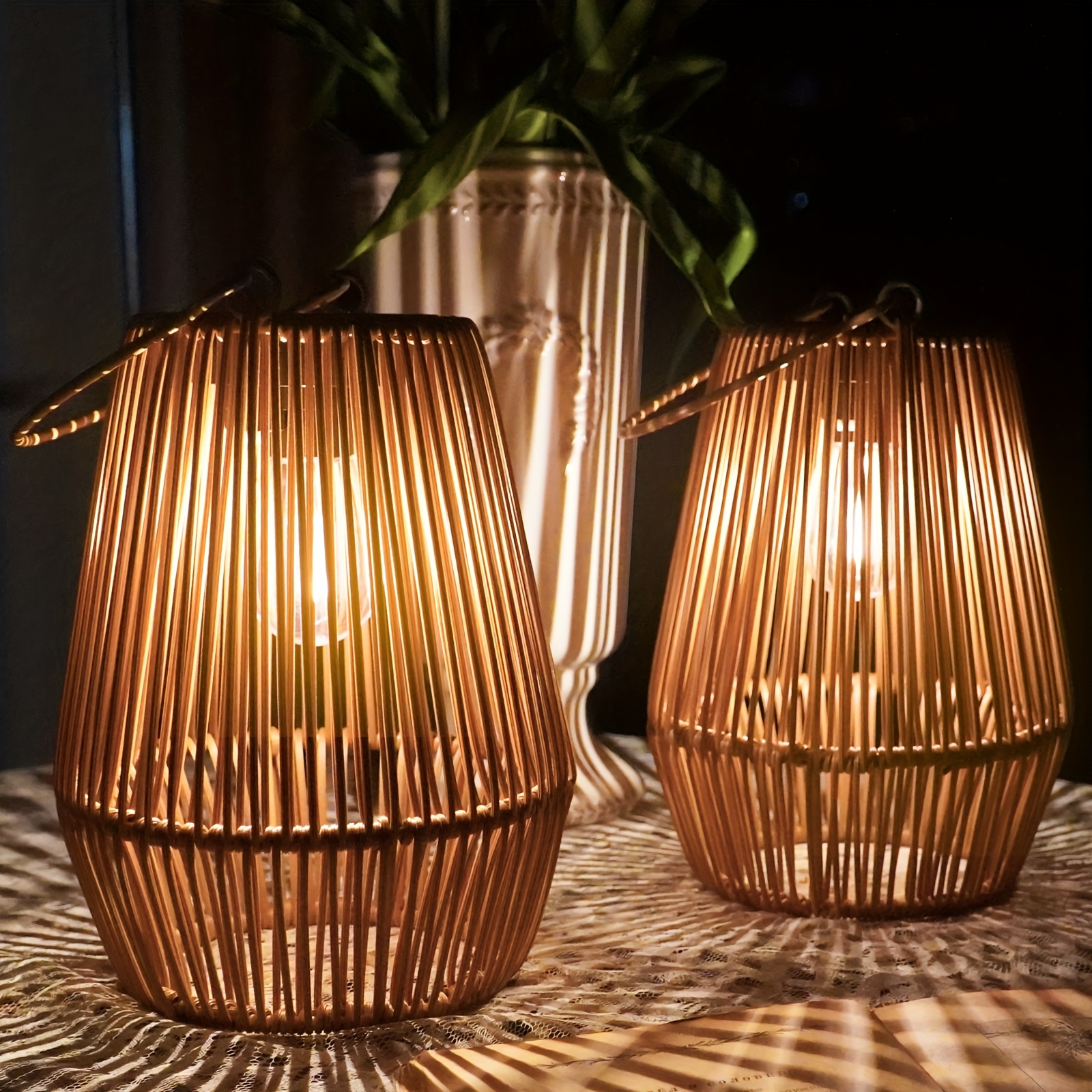 2pcs solar lantern outdoor hanging handmade bamboo   light bohemian style suitable for   patio balcony suitable for halloween and christmas all kinds of holiday decoration
