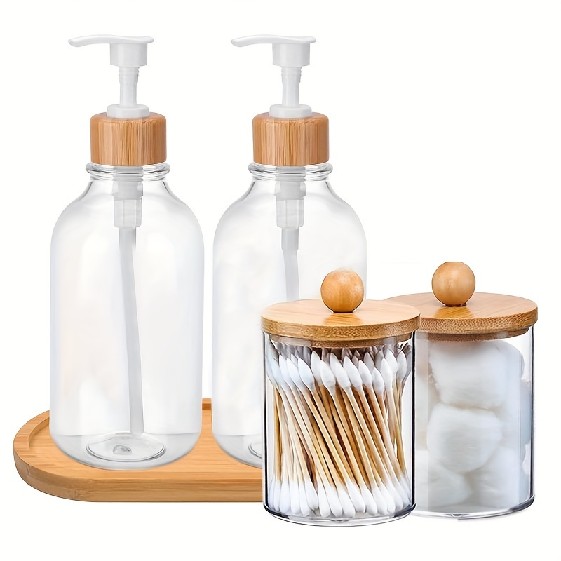 

Bathroom Accessory Set - 2 Pump Dispensers And 2 Plastic Qtip Holder Jars With Bamboo Tray,, Unscented For Decor