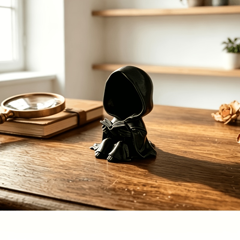 TEMU Figurine de lecteur mystérieux à capuche noire, statue gothique visage, ornement d'artisanat, décoration de bureau, étagère, entrée, salon,