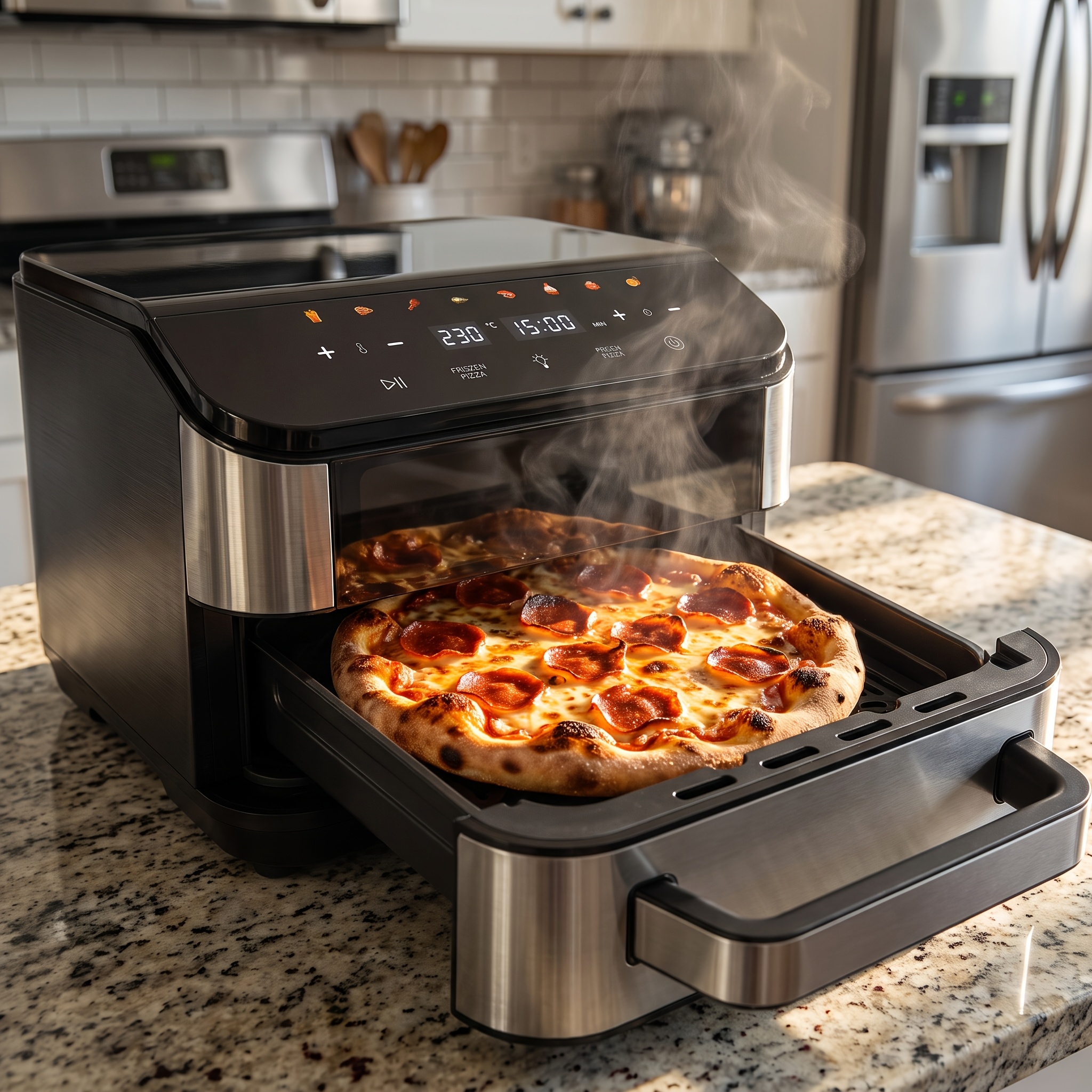 Image of 2-in-1 Fryer Oven, High Power, With Pizza Stone, Wide Noodles Pizza, 8 Programs, Viewing Window, Led Screen, Silvery Black