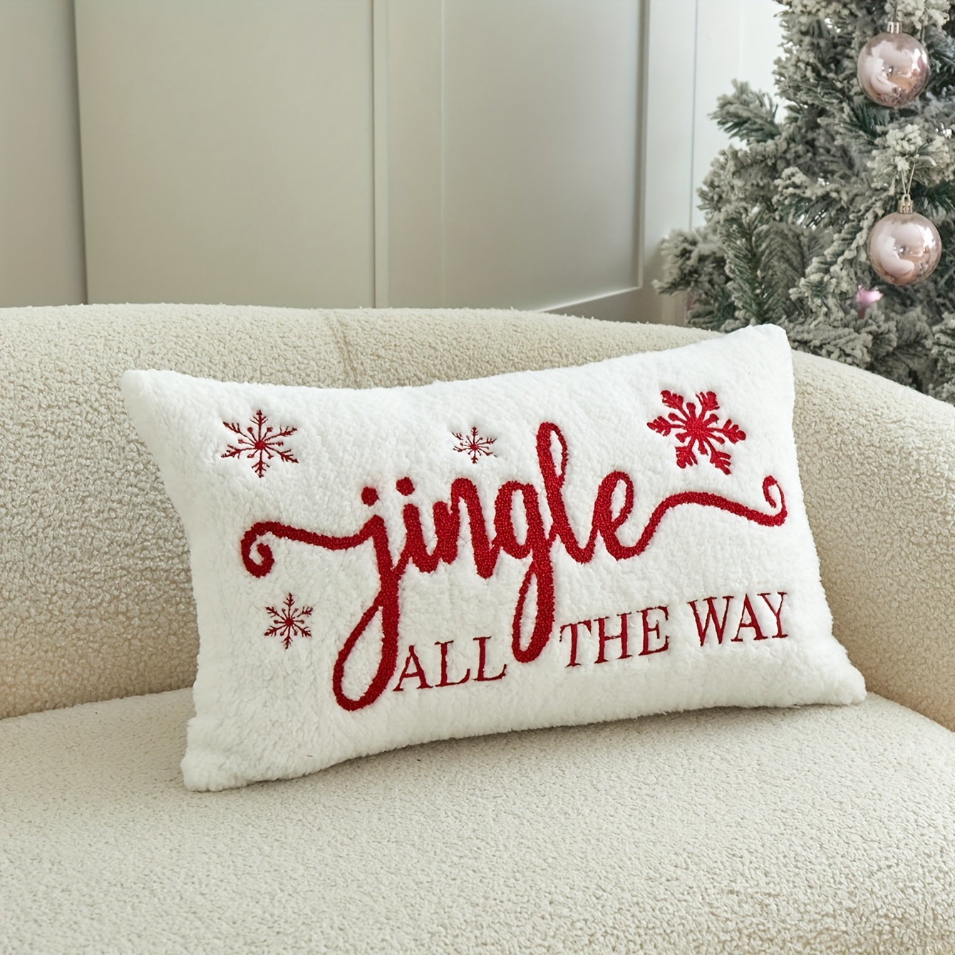 TEMU Jingle Embroidered Throw Pillow - Christmas & Decor, Soft Fur, Zip Closure, Wash - For Room, Bedroom, And Parties