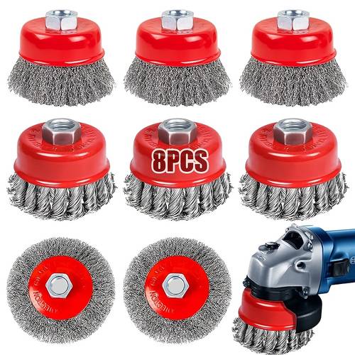 8pcs Angle Grinder Wire Brush Set, M14 Steel Brush Cordless Screwdriver, 75/100mm Wire Brush Flex, Cup Brush Drill, Steel Brush Wire Wheel for Cleaning, Rust Removal and Grinding, Industrial & Scientific, Abrasive & Finishing Products, Washable, No , Carbon Steel Material, with Angle Grinder for Industrial Use