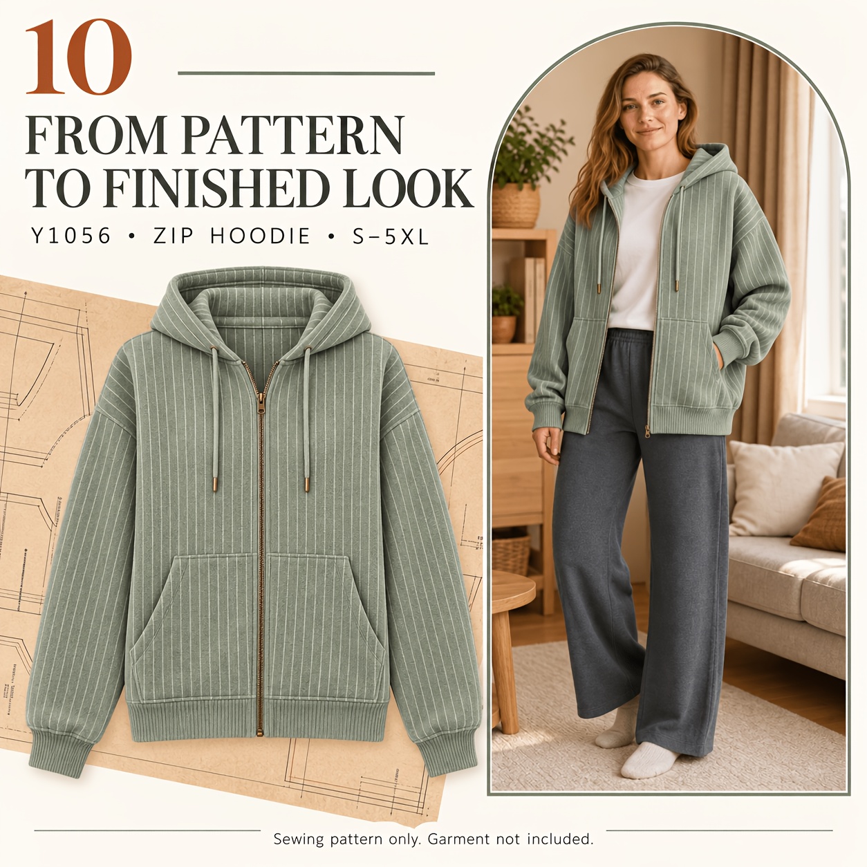 TEMU Women's Striped Oversized Zipper Hooded Sweatshirt With Sewn Pattern, Off-shoulder, Kangaroo Pocket, Wear, Suitable For Beginners, Patterns ,