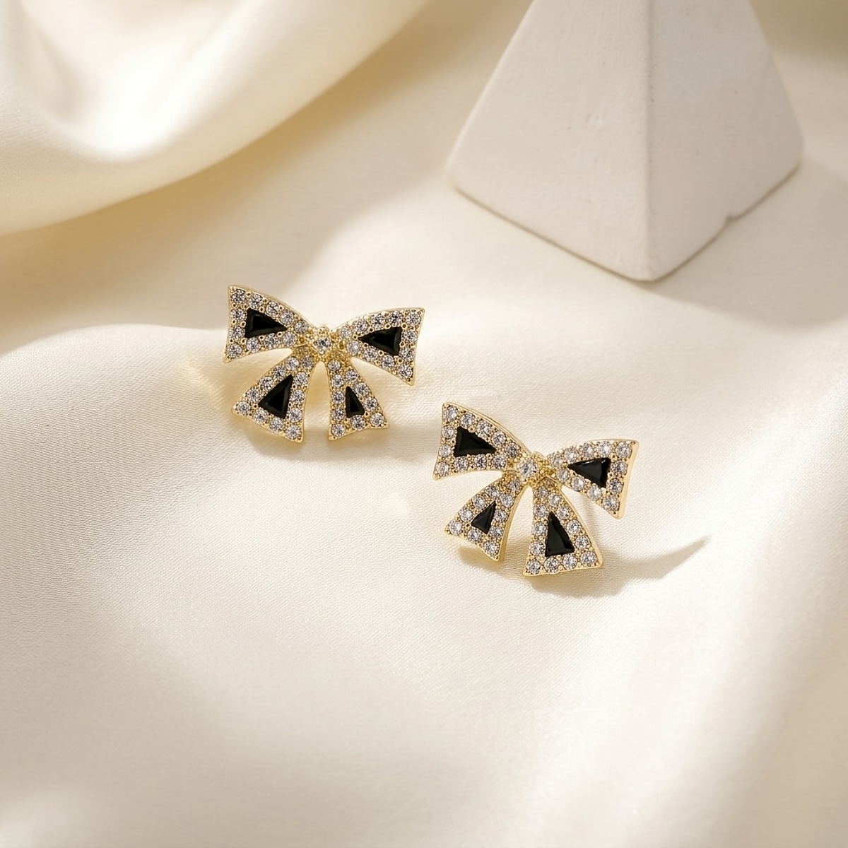 TEMU Pair Of Exquisite Black Bow Stud Earrings Synthetic Zirconia Temperament Luxury Niche Ear Jewelry Design