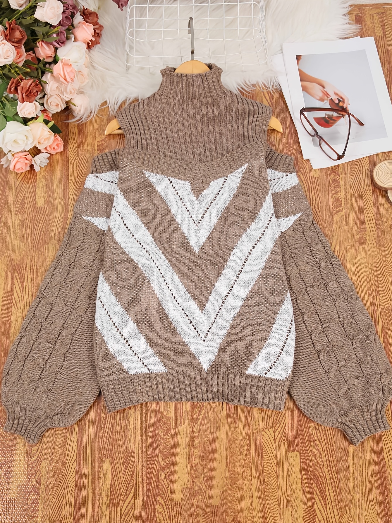 plus size shoulder high neck cable sweater striped grey Temu