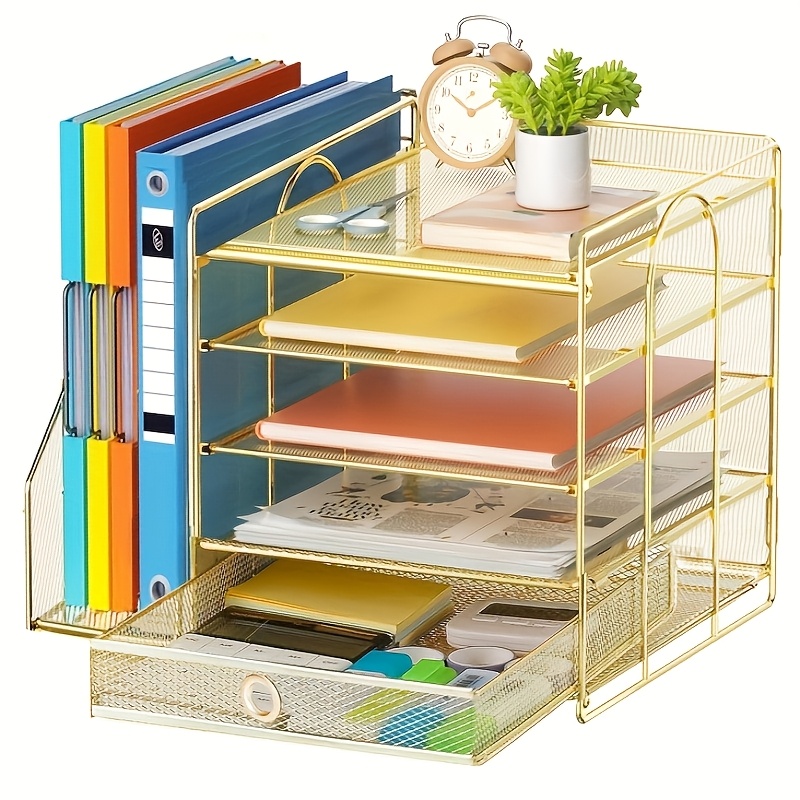 

5-tier Paper Letter Tray Organizer With File Holder, Desk Organizer With Drawer, Mesh Desktop Storage With Magazine Holder For Office Supplies