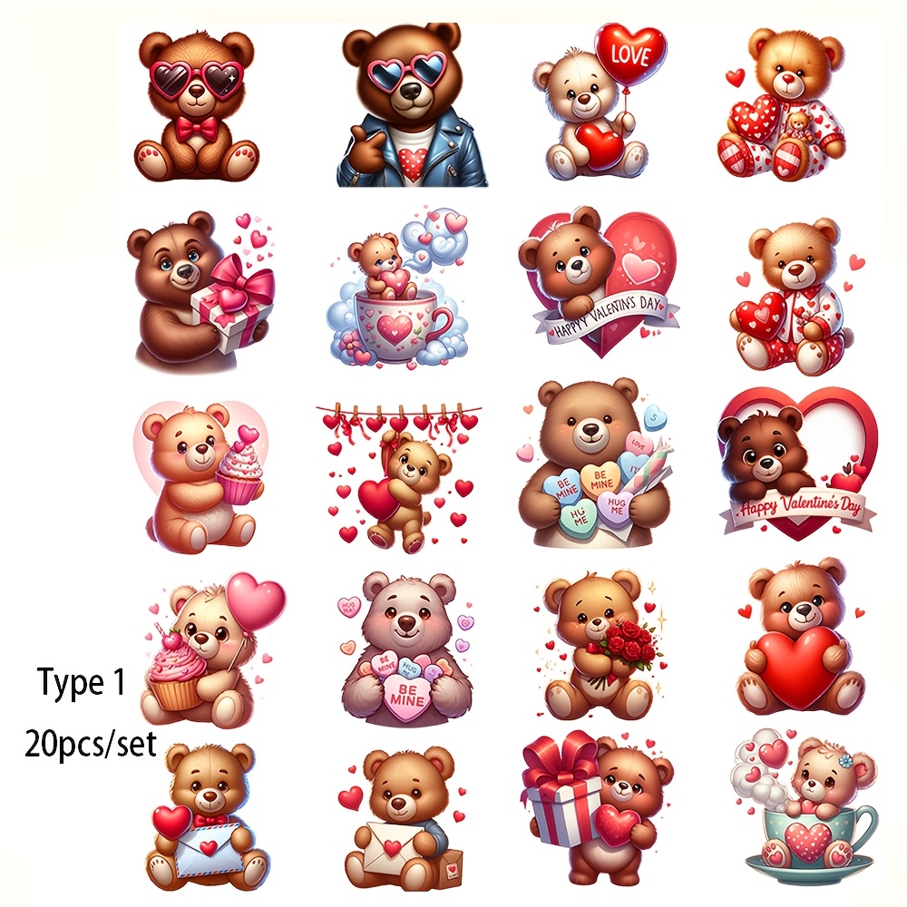Image of 1 Pack Of Retro Valentine's Day Love Heart Teddy Bear Stickers Retro Valentine's Day Love Heart Teddy Bear Handmade Stickers Decoration Diary Album Photo School Handmade Material Stickers Decoration
