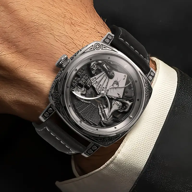 mens skeleton automatic watch vintage mechanical movement case with intricate engravings black dial roman stainless steel strap elegant for men luxury watch without battery Product details 6