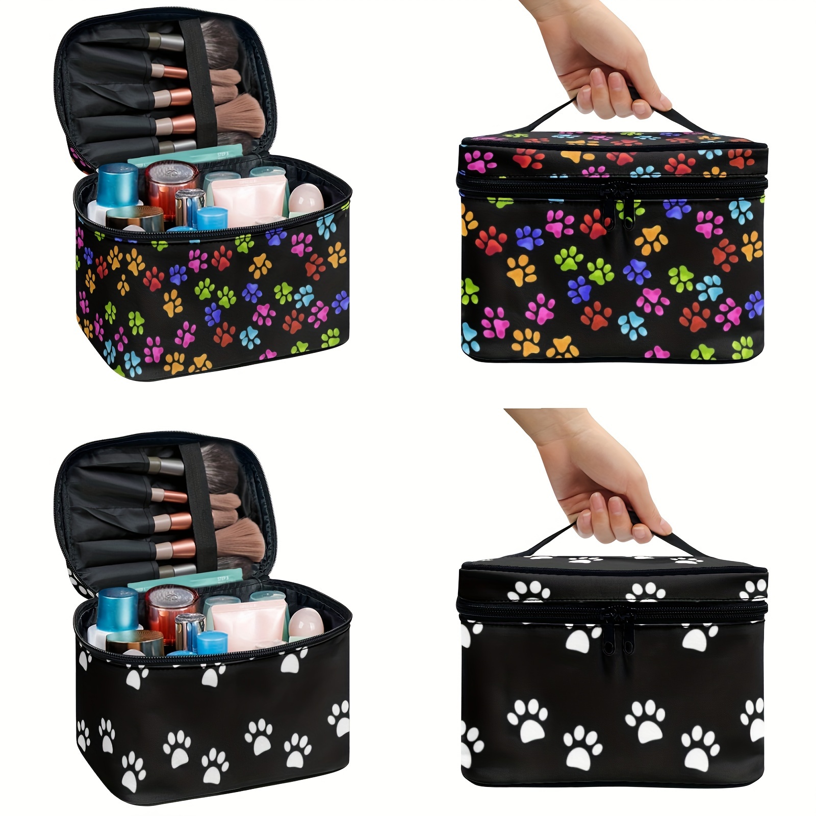 

Chic Paw Print Makeup Bag For Women - Portable Travel Cosmetic Organizer With Toiletry Compartment, Polyester, Hand Washable