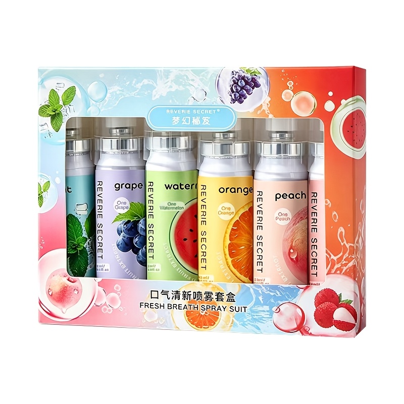 Image of 6pcs Oral Spray Set, Includes : Peach, Grape, Lychee, Mint, Watermelon, And Orange. Breath Freshener With Long-lasting Fragrance. Unisex. Portable. Mother's Day Gift. Holiday Gift