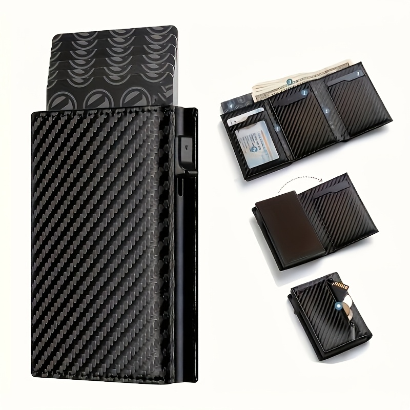 E-shop Moderne Pop-Up Geldbörse Schwarz Carbonfaser & Roter Aluminium Kreditkartenhalter, RFID-blockierende Metall Kartenhülle mit Mikrofaser Slot,