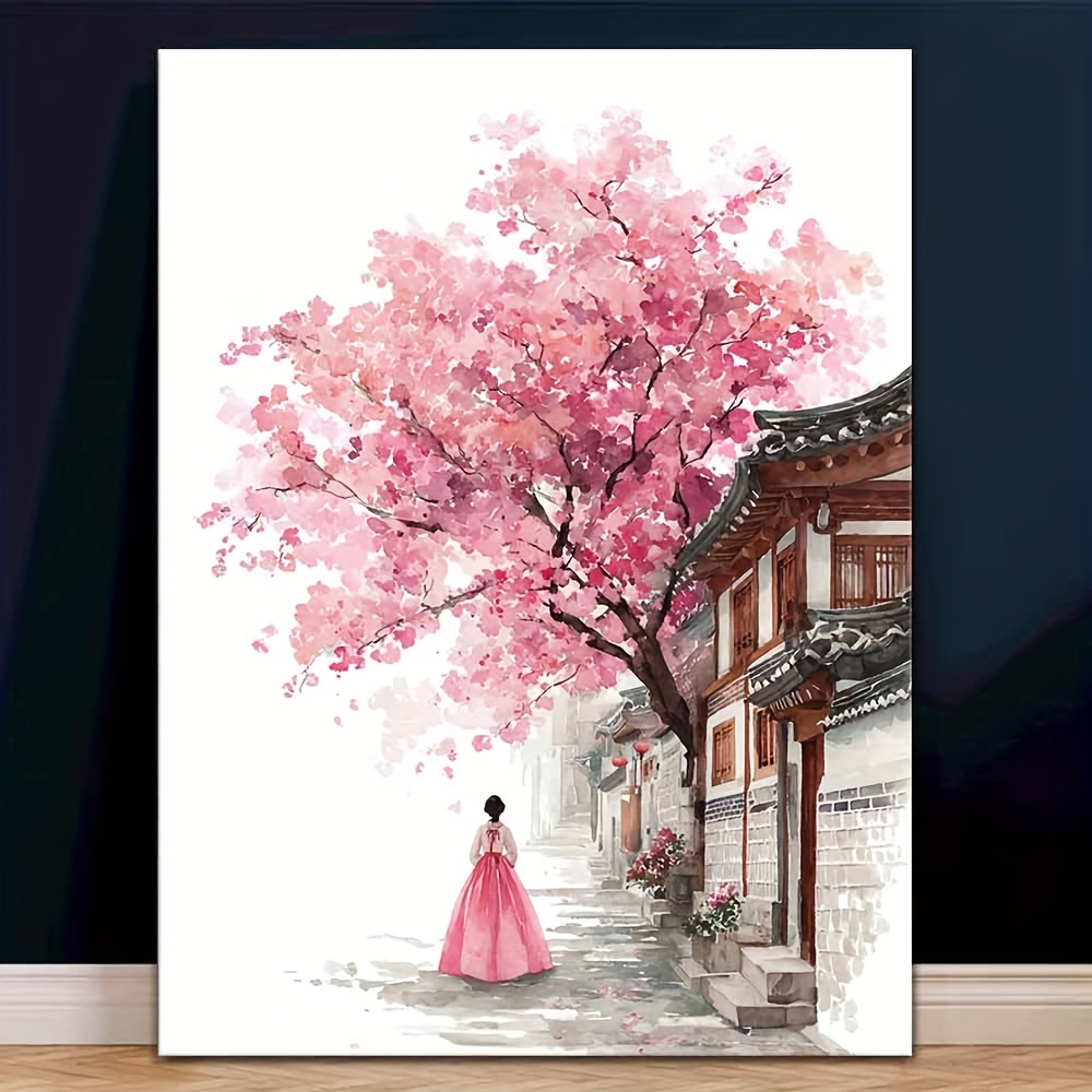 TEMU 2D Plat, Art Mural Hanbok Coréen 2D FLAT 1pc - Peinture sur Toile de Hanbok Traditionnel avec Scène de Rue Florale Rose, Mural de 12x16 Pouces,