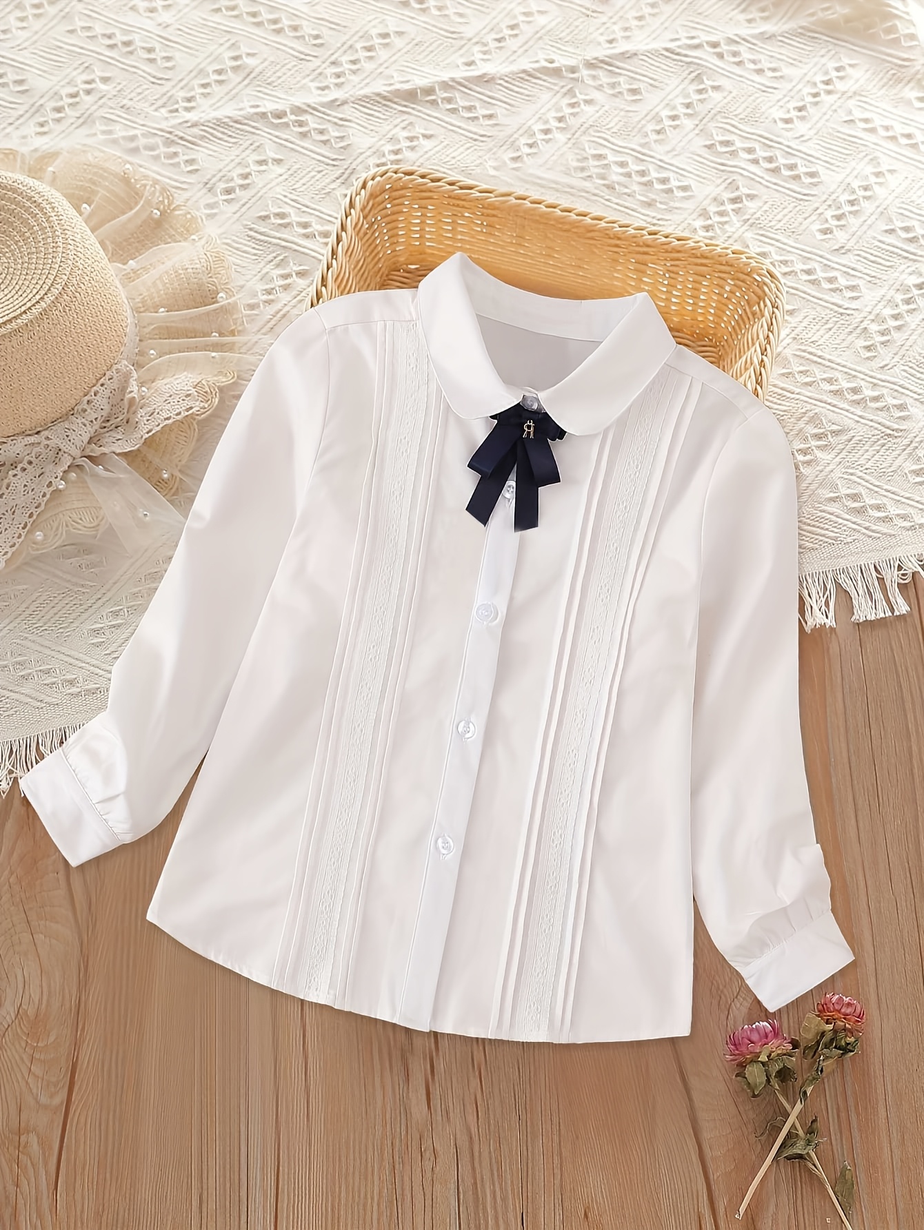 Back-to-* Girls' White Shirt, Stylish Academic Style Spring/Autumn New  Children's Long-Sleeve Shirt with Fashionable Bow, Medium to Large Kids'  School Uniform * Layer Top