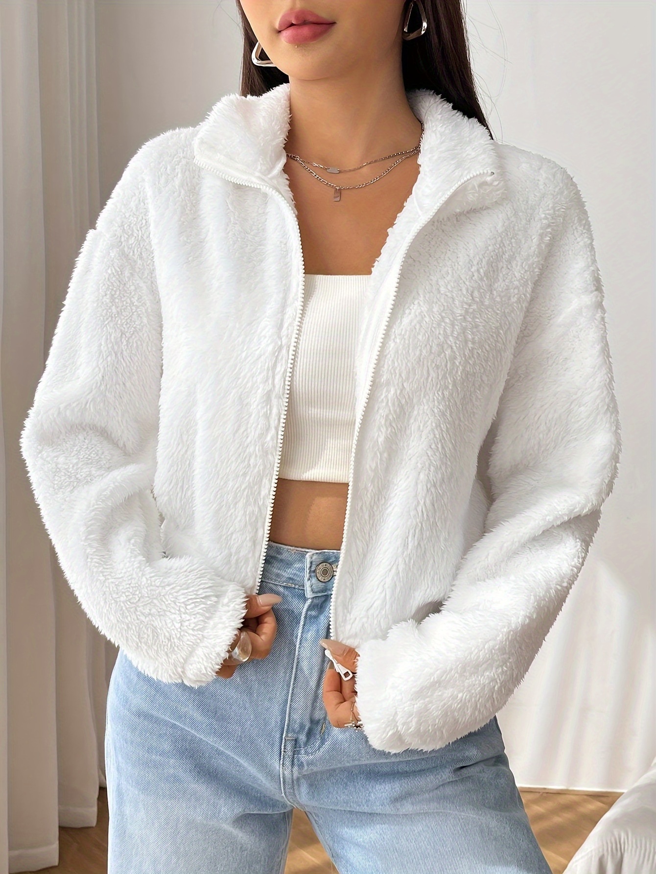 veste teddy zippée de couleur  , manteau décontracté à manches longues et épaules tombantes pour lautomne et lhiver, vêtements pour femmes Détails du produit 1