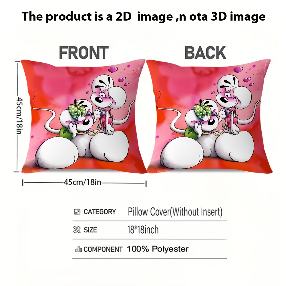 TEMU 2d Flat 1pc Cute Cartoon Double Mice Hugging "love" Theme Design Digital Hd Printed Square Pillow Cover, , Zipper Closure, Soft And Comfortable,