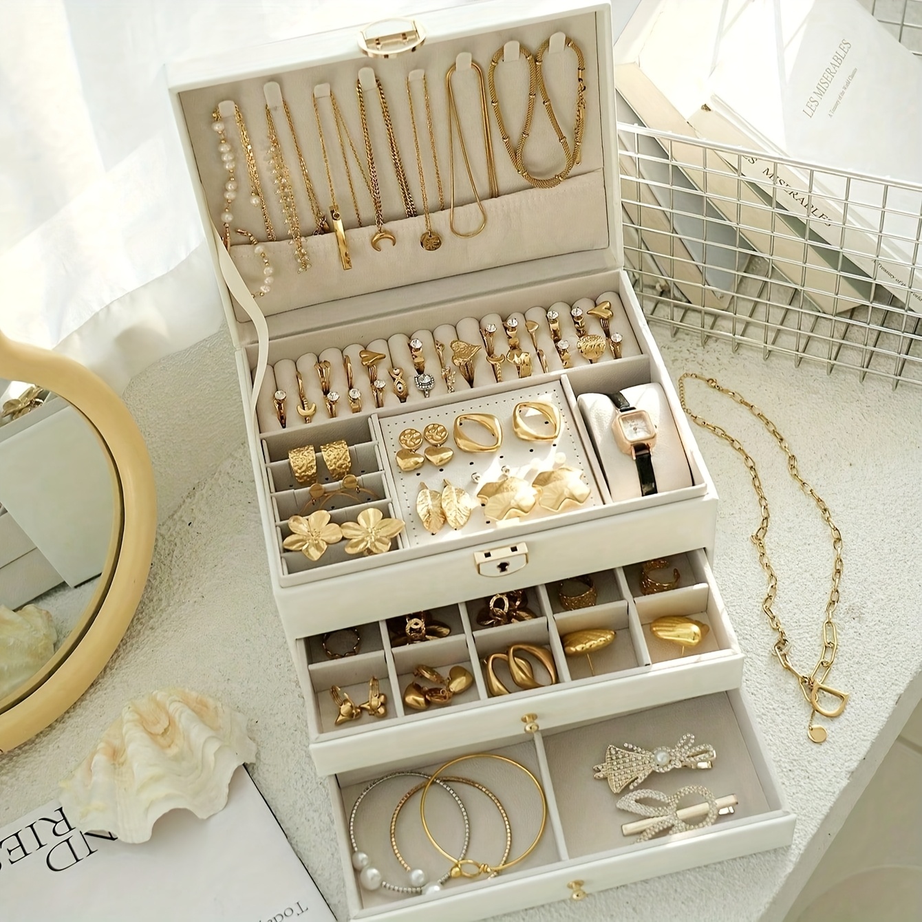elegant french style jewelry box with key lock large capacity three tier organizer for necklaces earrings rings and bracelets   with drawers ideal for spring summer fall and winter jewelry storage classic jewelry box   jewelry boxes   Product details 4