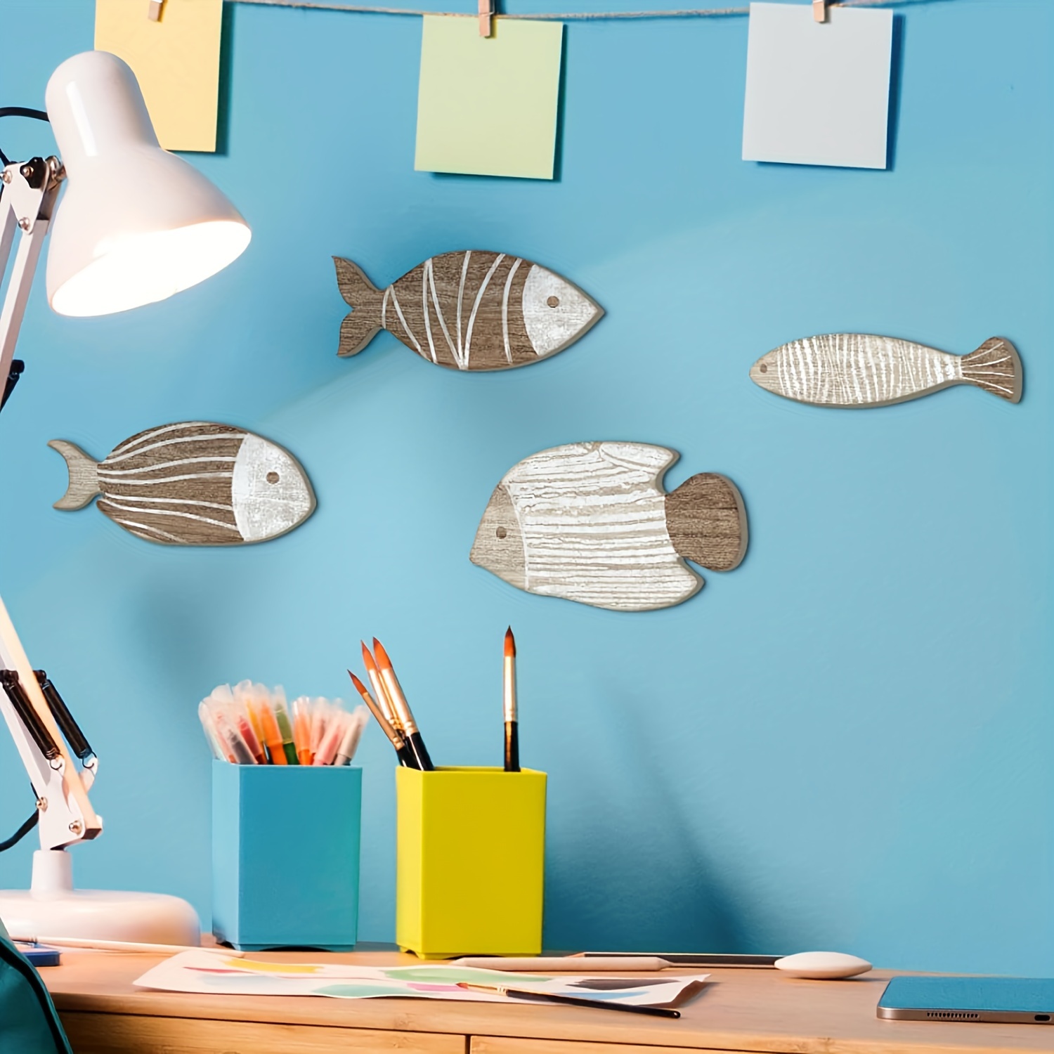 FLCSIed Holzfisch-Wanddekoration – 4 Stück, Nautischer Vintage-Stil, Mit Haken, Für Badezimmer & Wohnzimmer