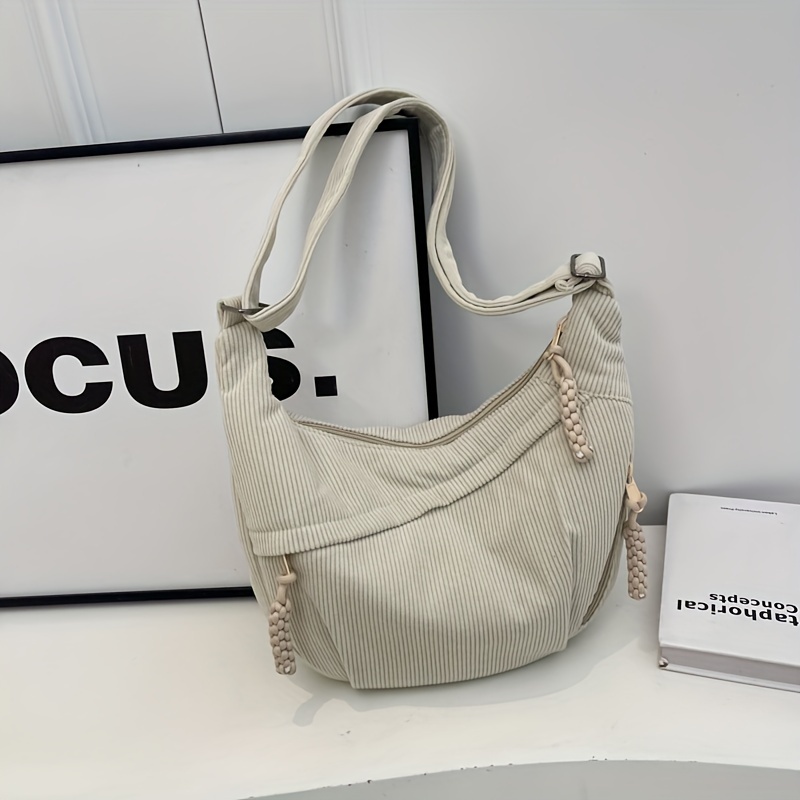 Chic Corduroy Crescent Bag For Women - Adjustable Strap, Zip Closure, Solid Color Options