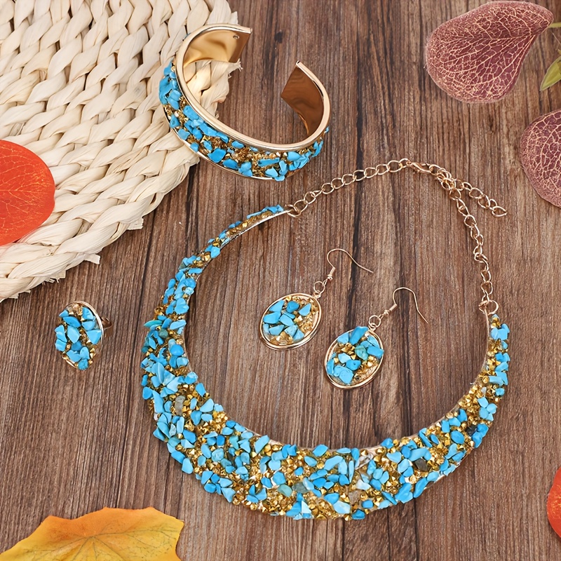 E-shop 5-teiliges Damen-Schmuckset aus Harz, komplett mit Halskette, Ohrringen, Ring und einem lebendigen blauen Hauptton mit funkelnden goldenen