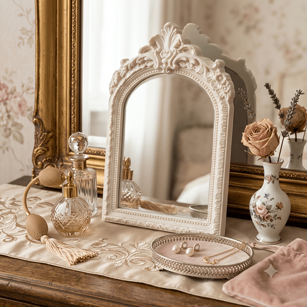TEMU 1pc, Small Arched Decorative Mirror, Vintage Baroque Wall Accent Mirror With Ornate Crown Frame, 4.76 X 7.7 Inch Vanity And Tabletop Mirror For